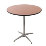 Thirty inch round cocktail table on a chrome pedestal with a four-leg spider base