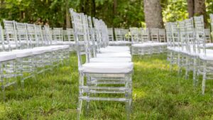 Ghost chiavari chairs set in rows for an outdoor ceremony in Atlanta