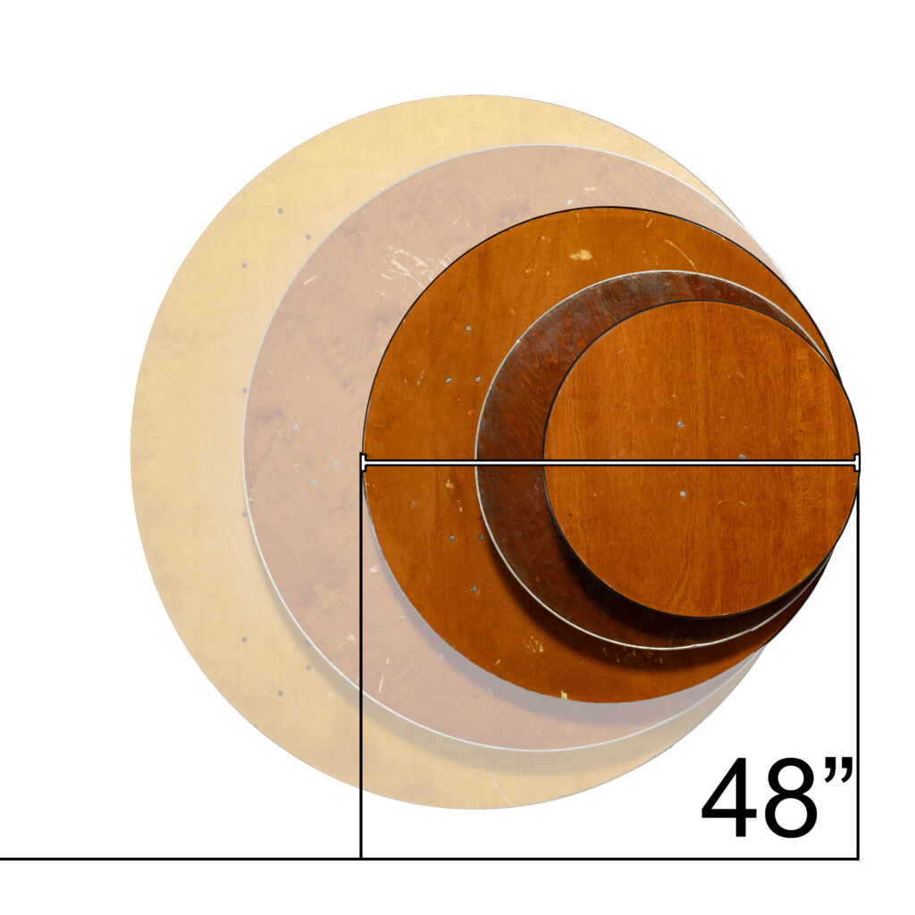 Diagram showing the 48 inch round table top against T3 other round sizes, with the 48 inch highlighted and dimensioned