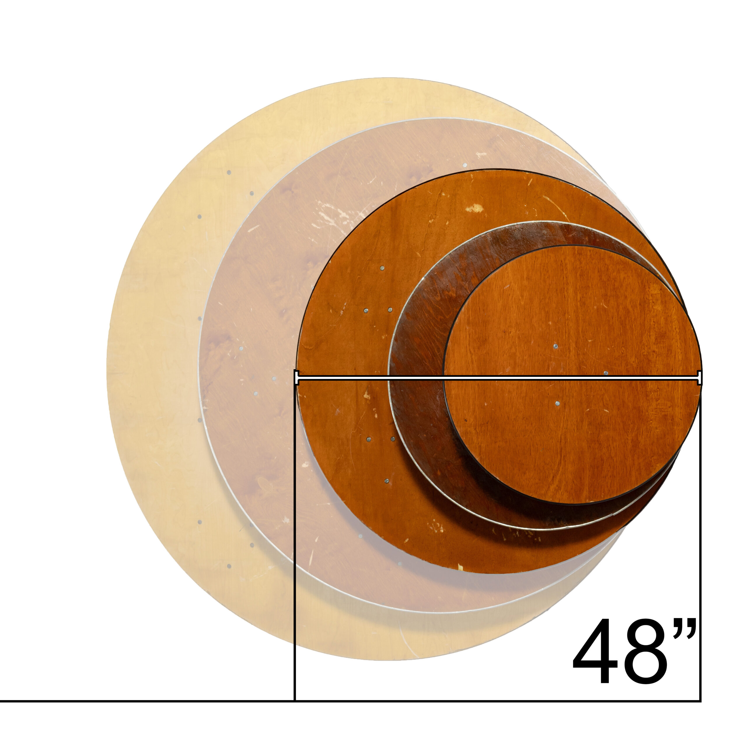 Diagram showing the 48 inch round table top against T3 other round sizes, with the 48 inch highlighted and dimensioned