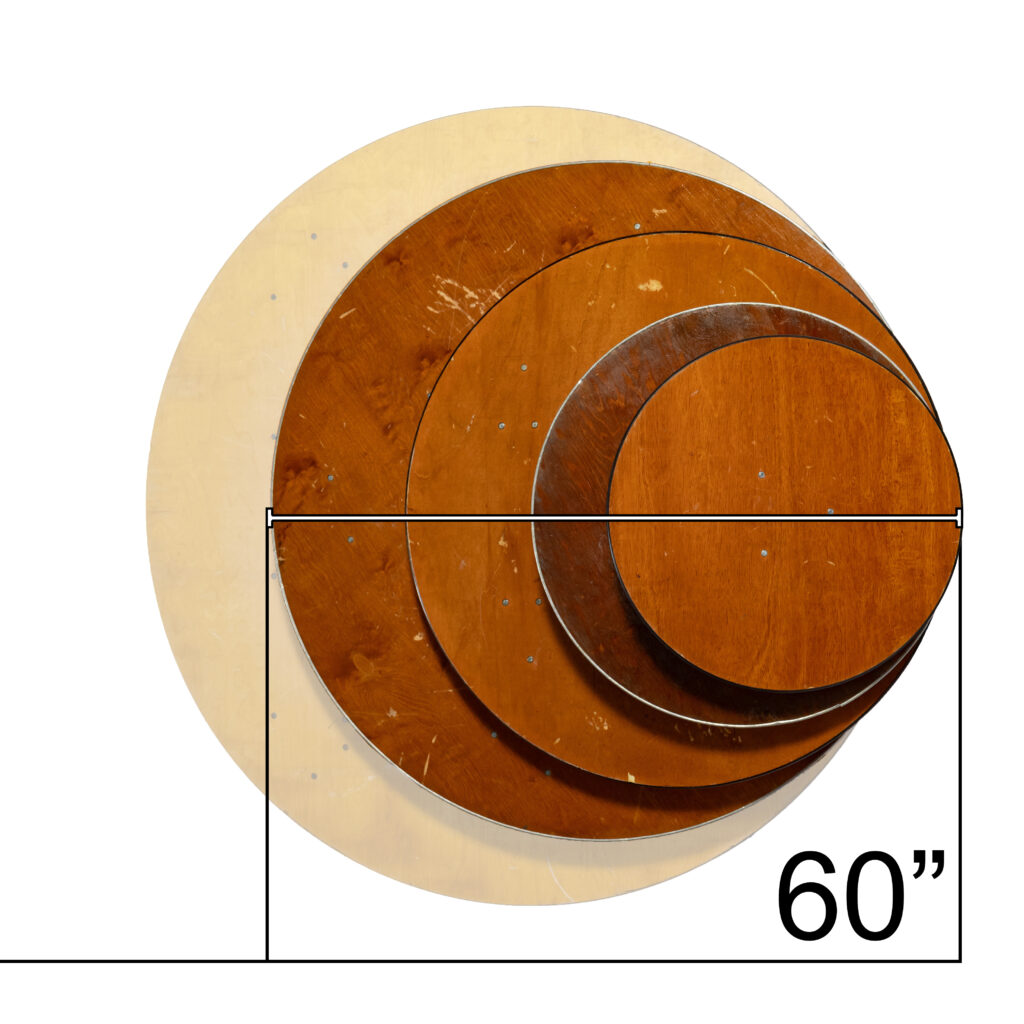 Diagram showing the 60 inch round table top against T3 other round sizes, with the 60 inch highlighted and dimensioned