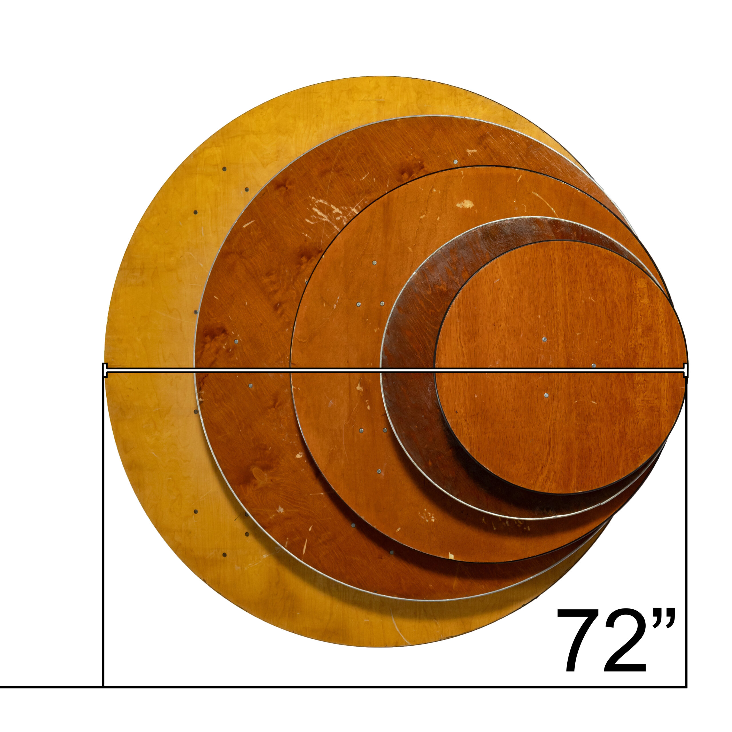 Diagram showing the 72 inch round table top against T3 other round sizes, with the 72 inch highlighted and dimensioned