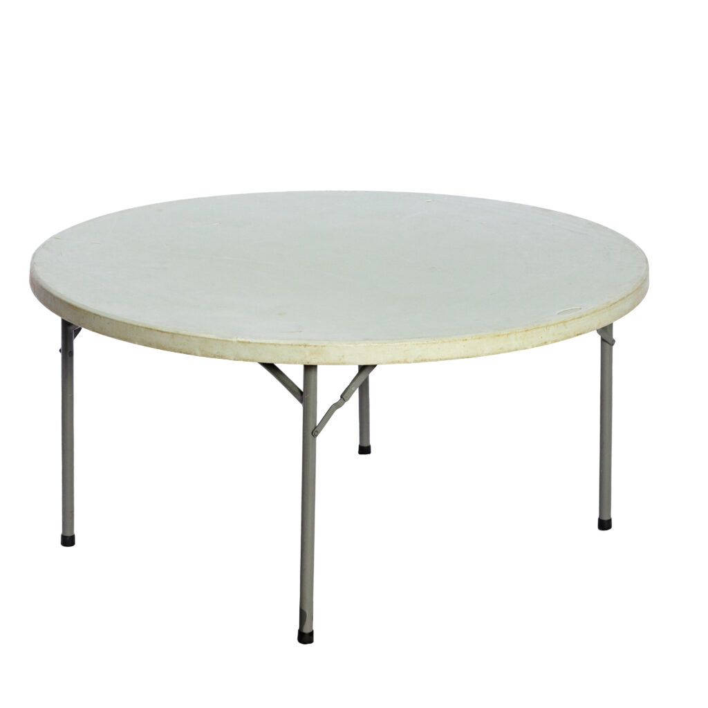 Round plastic folding table with a white top