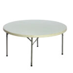 Round plastic folding table with a white top