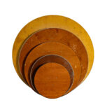 Five round table tops nested to show the difference between 30, 36, 48, 60 and 72 inch diameters